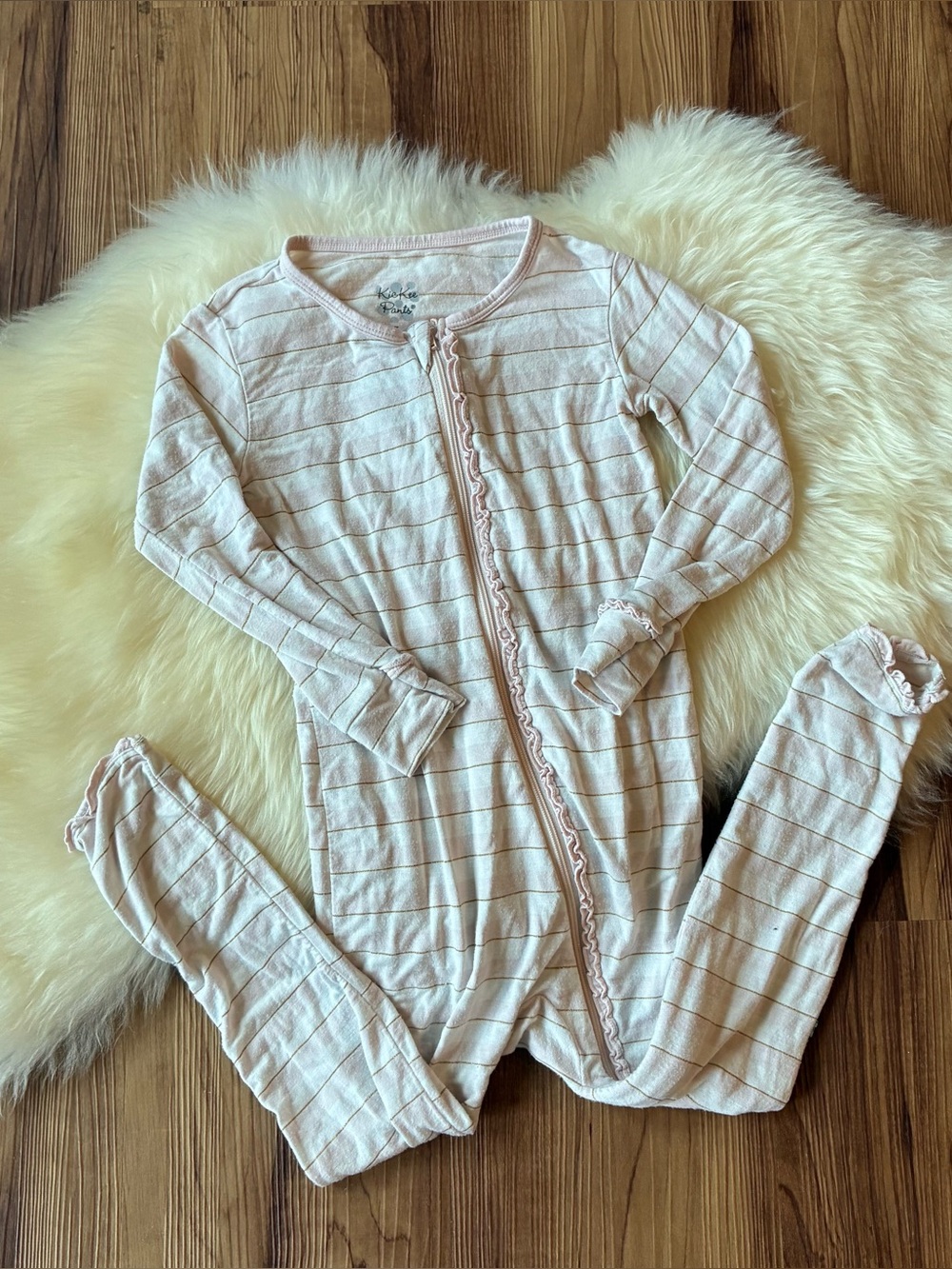 Kickee Pants Pink White Striped Ruffle Long Sleeve Pajama Jumper • Size 4T